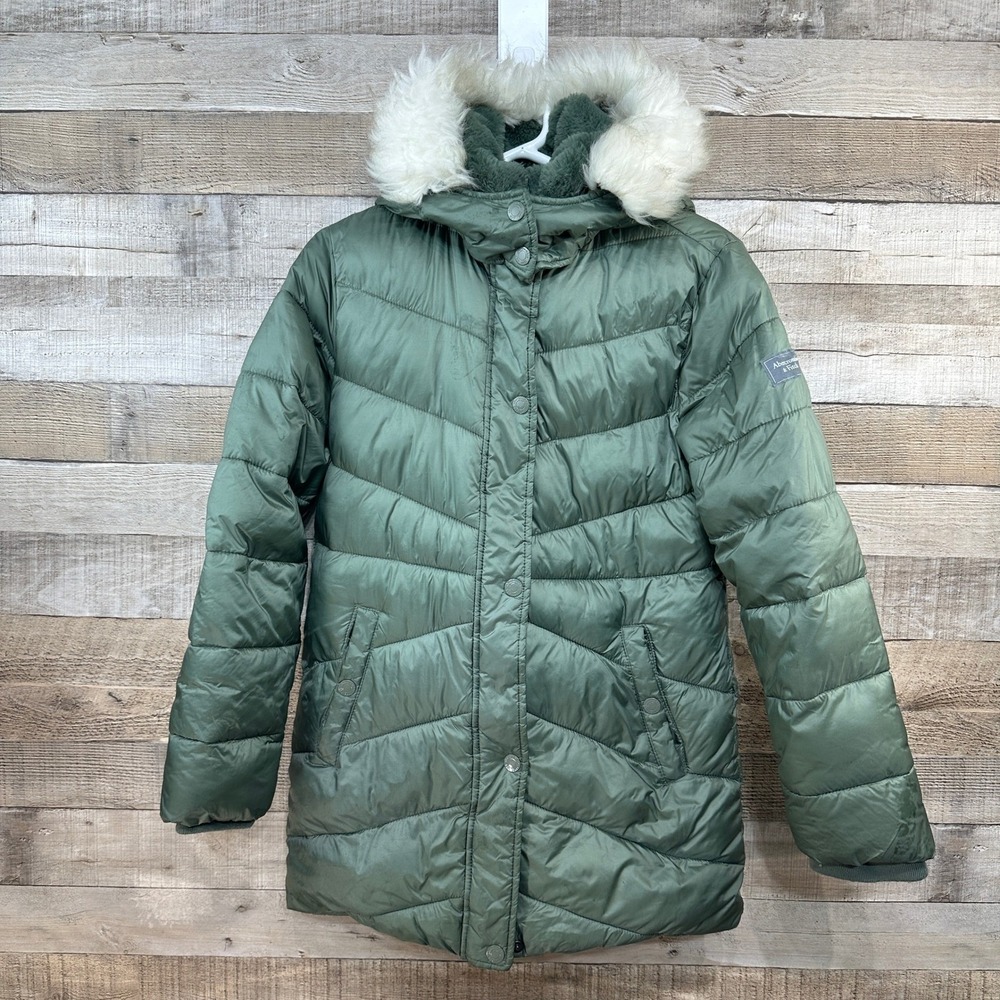 Abercrombie & Fitch Girls Green Puffer Jacket Faux Fur Hood Hooded Coat 15/16